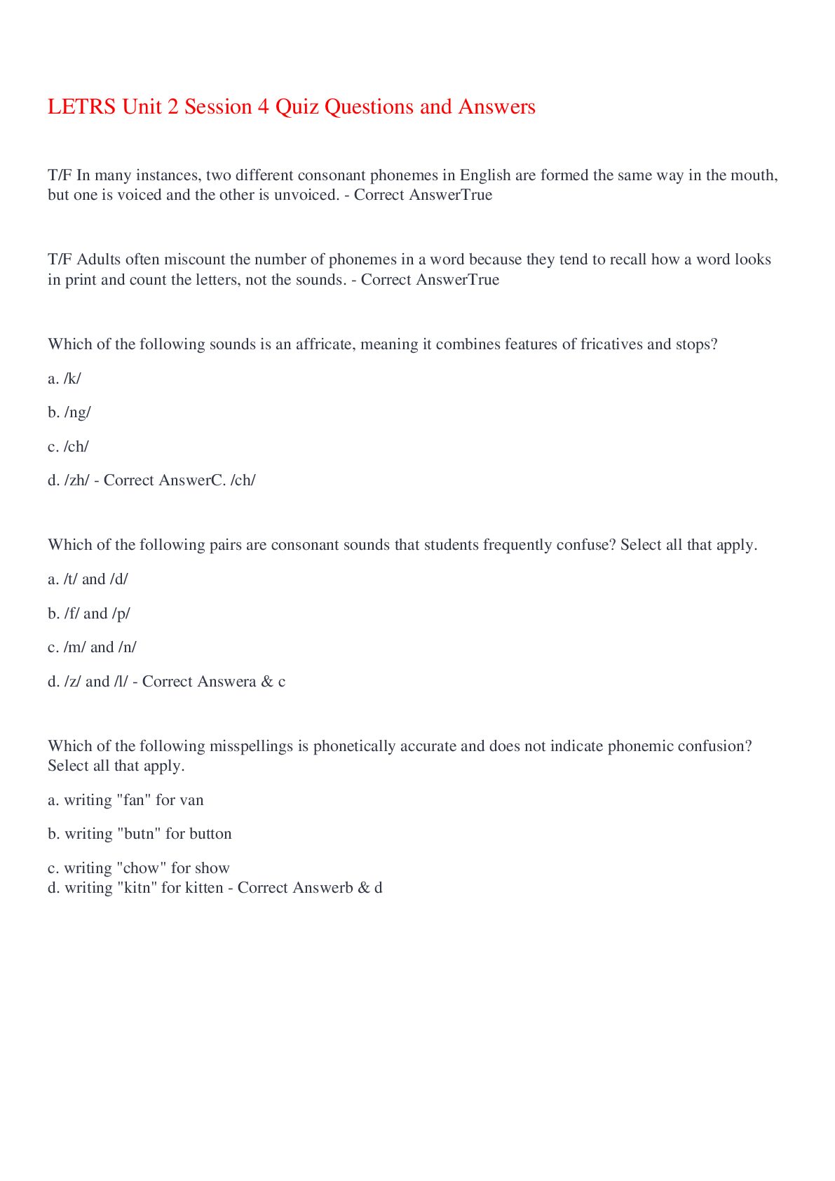 Preview image for LETRS Unit 2 Session 4 Quiz Questions and Answers,100% CORRECT